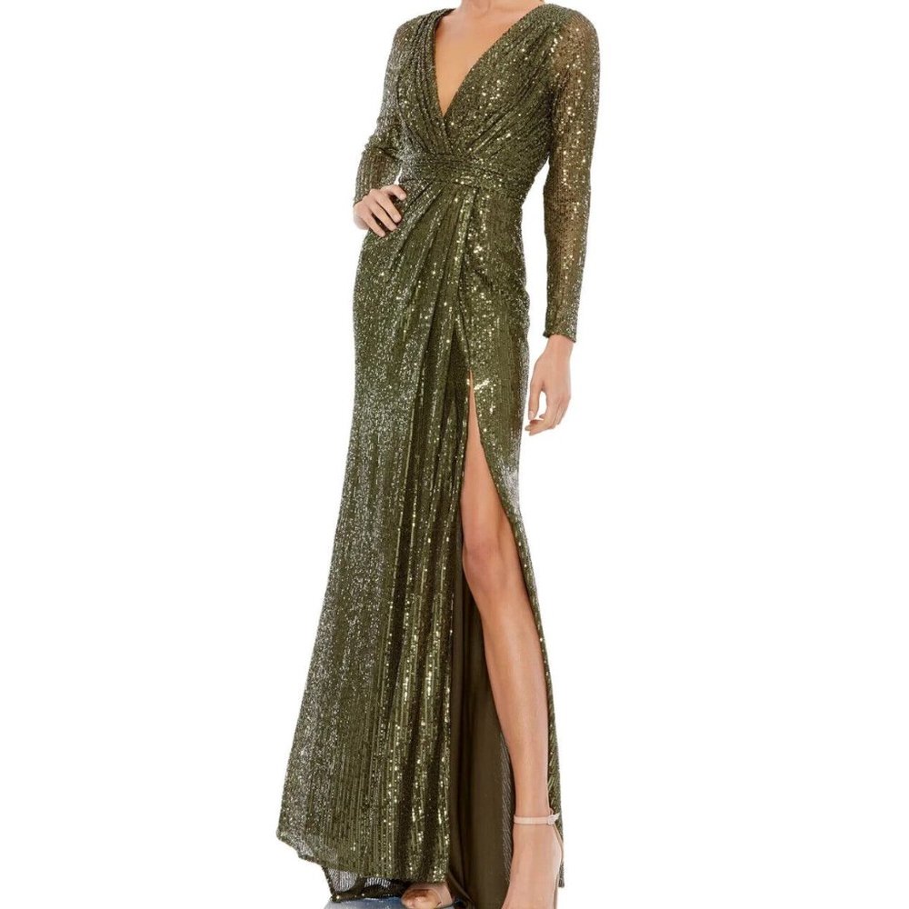 Mac Duggal Olive Green Long Sleeve Sequin Faux Wrap Gown